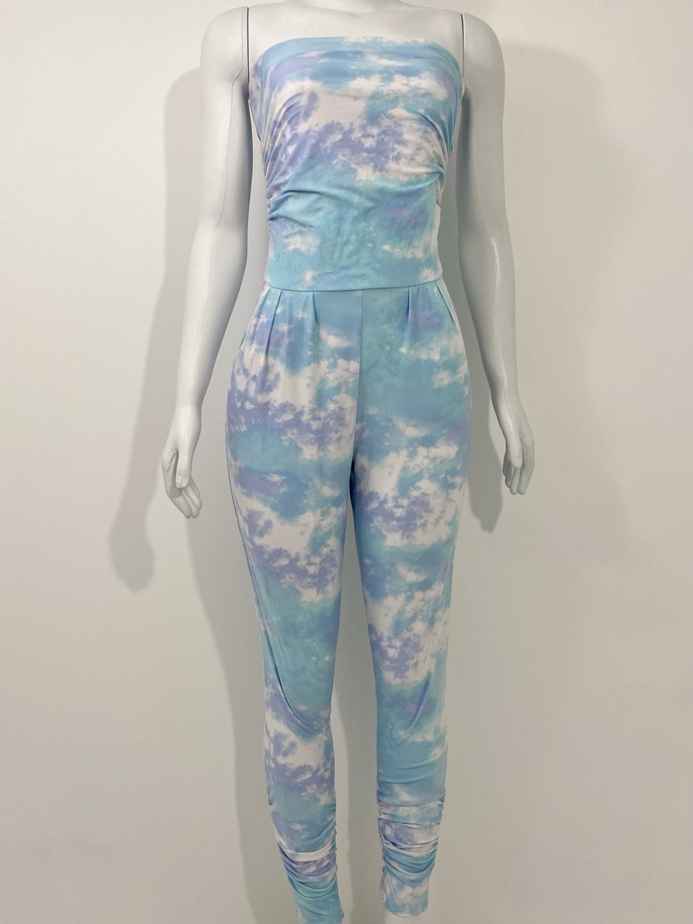 Pastel tie dye strapless‎ bodysuit blue purple white clouds